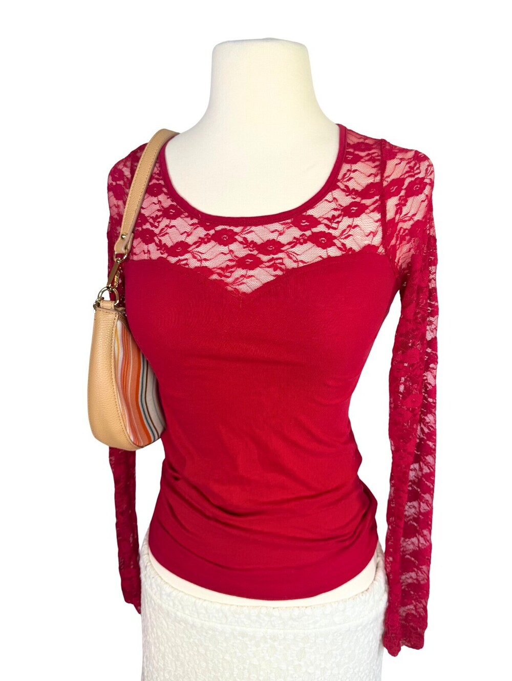 Bozzolo Red Lace Long Sleeve Sweetheart Top Small Romantic Y2K